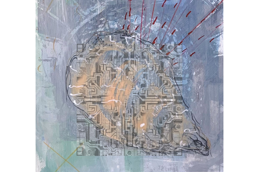 The image (mono screen print and digital collage) is inspired by Victorian women's shell grottos, blended with the geometry of a circuit board, a symbol of modern technology.