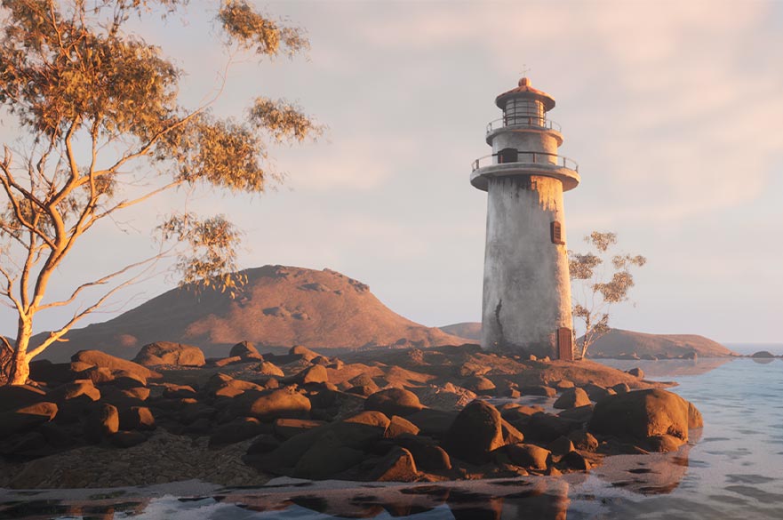 A 3D-rendered coastal landscape created in Unreal Engine 5, showing a weathered lighthouse on a rocky shoreline at sunset, with warm light casting shadows across the rocks, a calm sea, and low hills in the background.