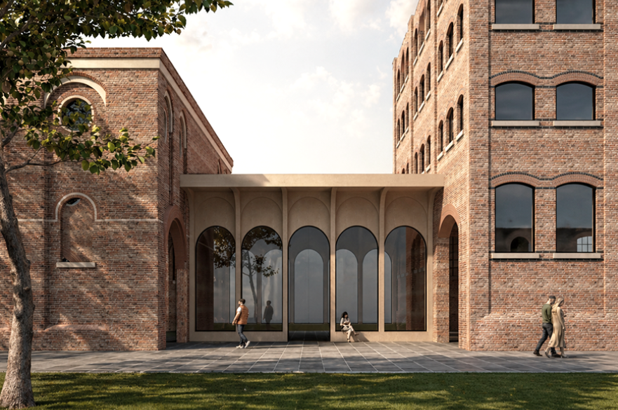 An architect student's render of the exterior of a development at an old train yard.