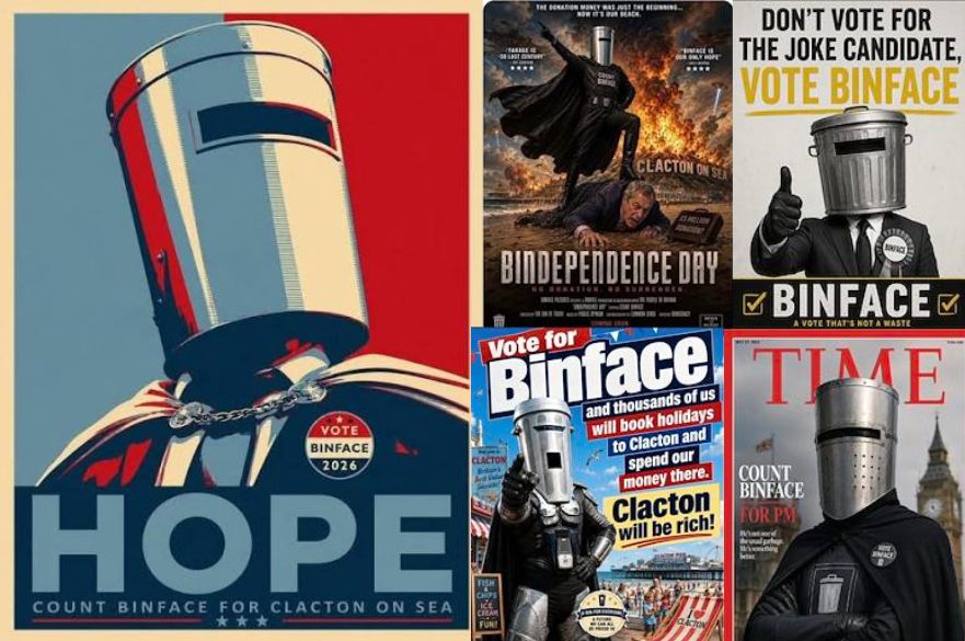 A selection of memes in support of Count Binface, including the Hope poster, a Time magazine front cover featuring Count Binface, a Bindependence Day mock up film poster and a poster suggested people will go on holiday to Clacton-on-Sea if people vote for Count Binface