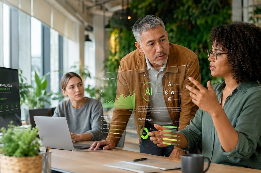 A male and two females gather around an office desk looking at computer screens