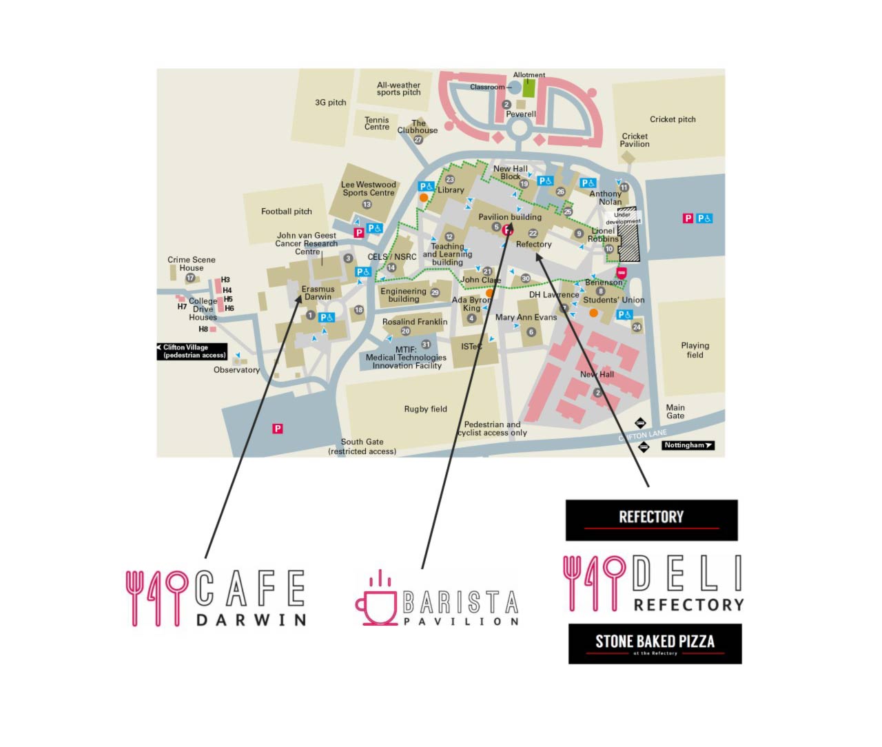 A map showing the location of food outlets on Clifton campus