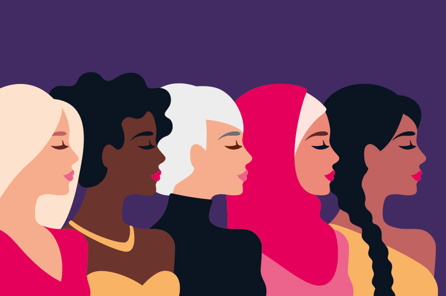 Illustration of women of different ethnicities standing in a line and facing right
