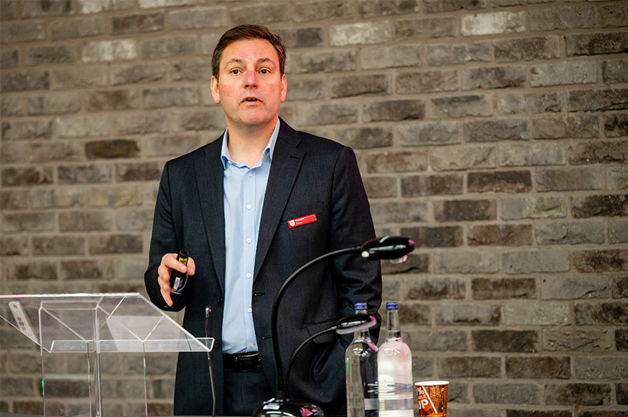 Pro-Vice Chancellor of Research and Innovation Richard Emes speaks in front of audience for NTU's Strategic Research Themes Conference in 2023