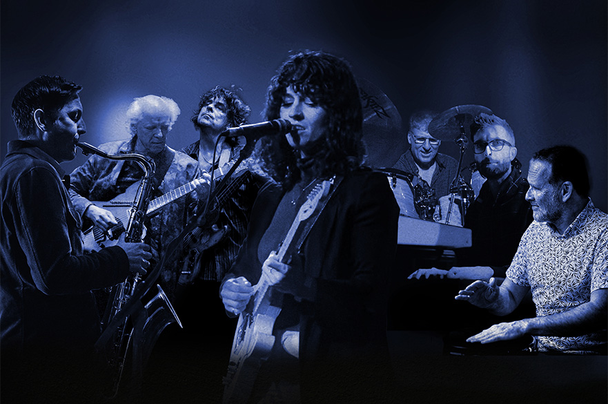 A dark blue tinted image with seven band members each playing a different instrument.