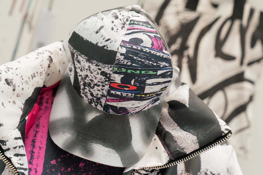 black and white mixed textile hat on display at new designers fashion show