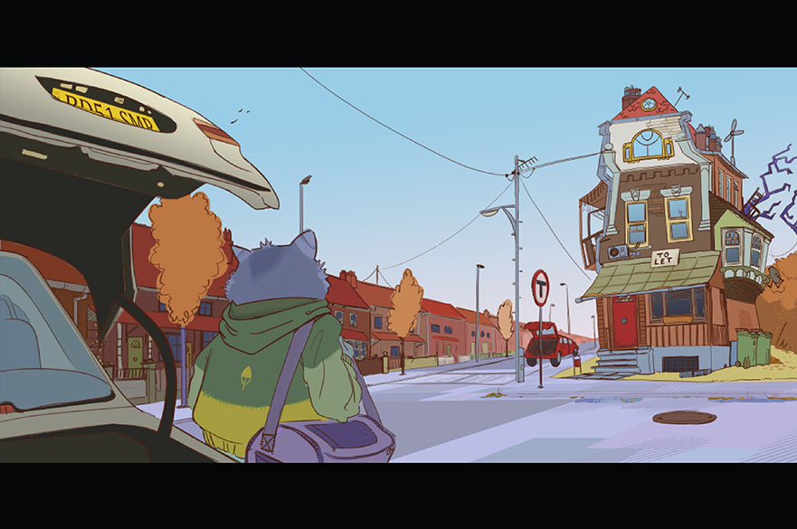 Screencap of an animated cat standing next to a car on a street