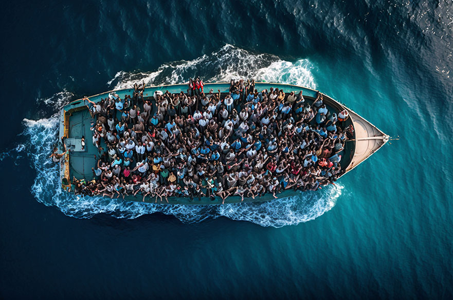 Boat full of migrants in the middle of the ocean