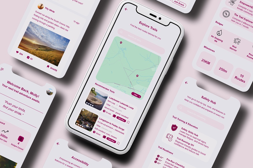 Multiple smartphone screens displaying pages from an app for trail runners.