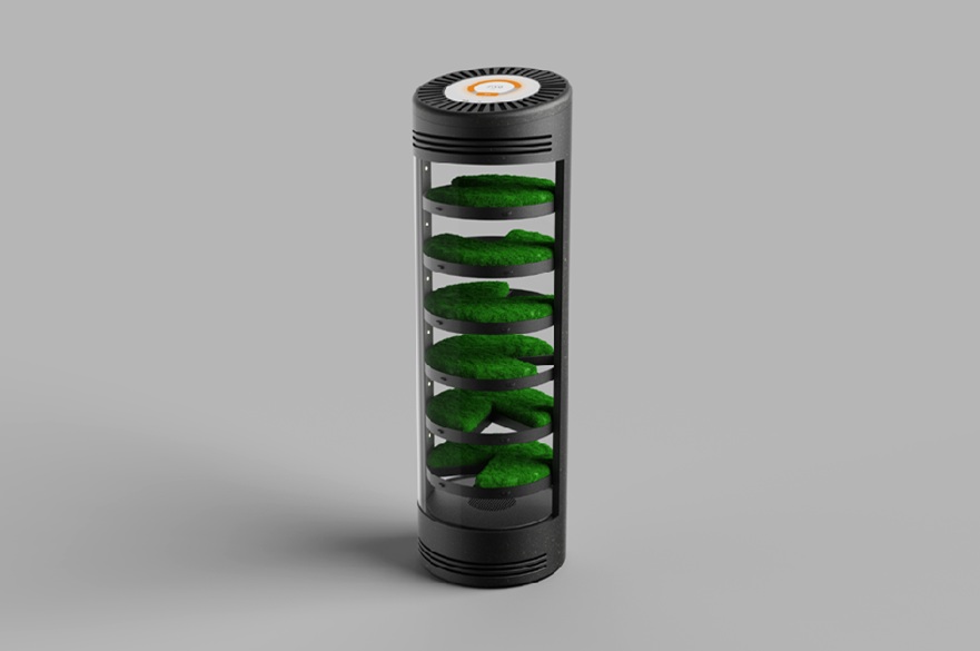 A designer's rendering of an air purification product called Lüfa which is cylindrical and has layers of moss inside it.