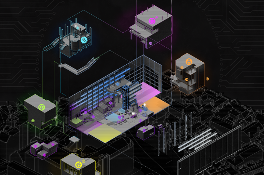 An architect's floor plan for a futuristic city based in a multi storey carpark.