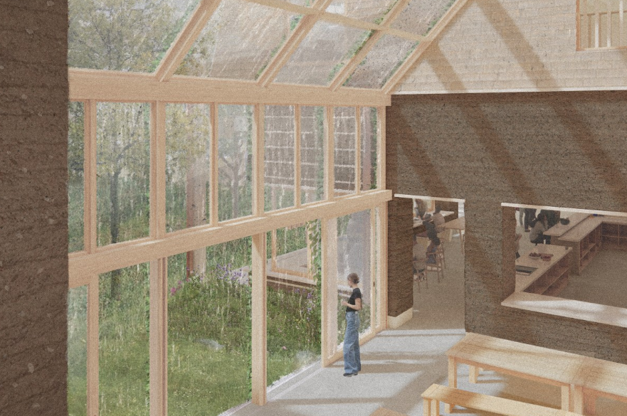 An architecture student's drawing showing the interior of their building design.