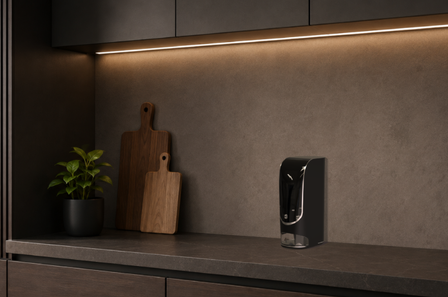 A rendering of a design student's product - a food portioning device called Nourish - in situ on a kitchen counter top.