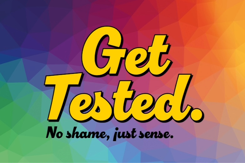 Colourful background with 'Get tested' written in the centre