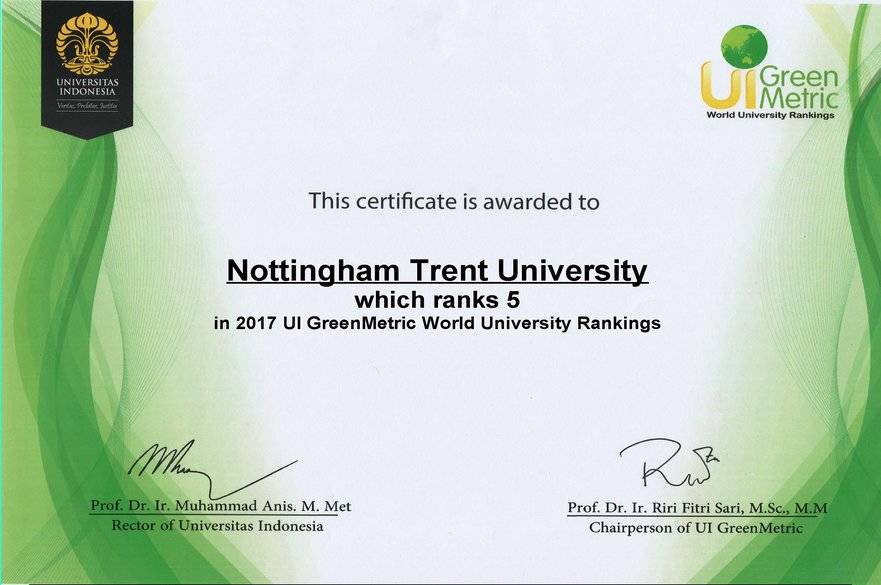 Certificate from UI Green Metric World University Rankings awarding NTU with 5th place