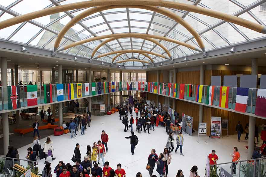 Newton foyer decorated with international flags