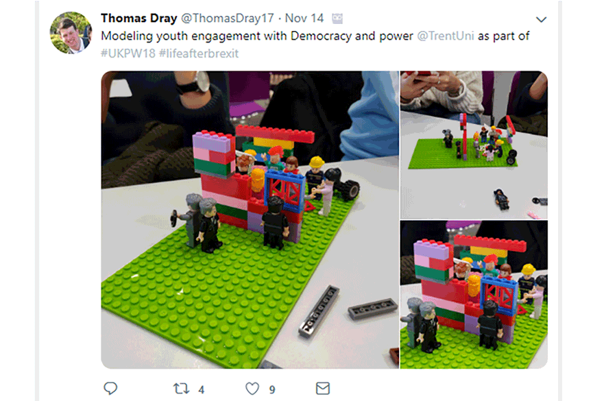 Tweet showing lego models of democracy