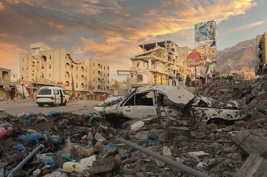 Destroyed buildings in Yemen due to war
