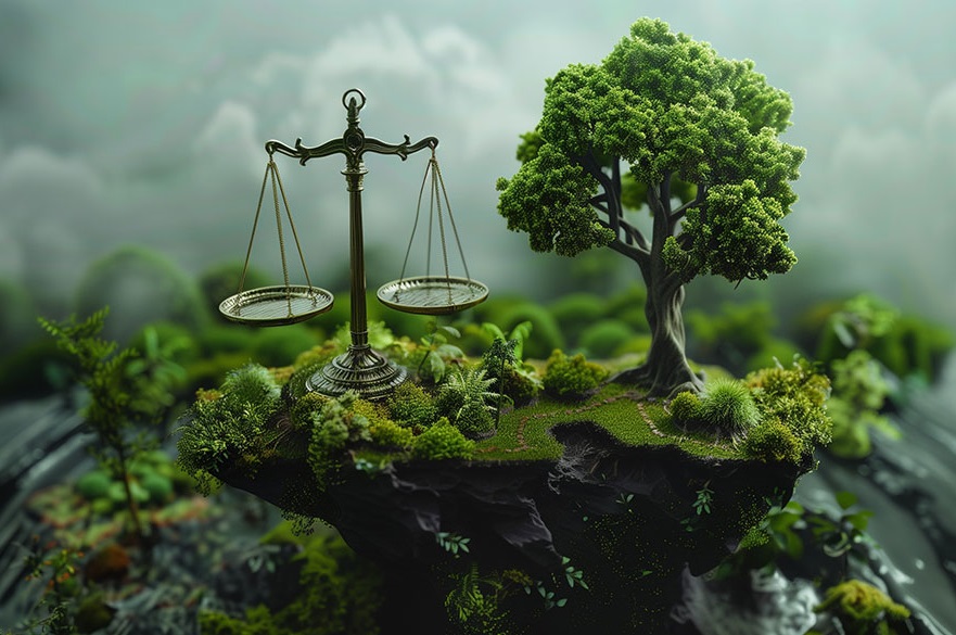 Tree and justice scales sitting on a rock covered in moss