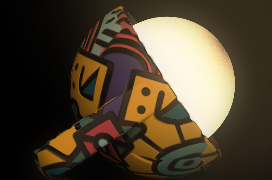 A lamp with a colourful pattern design. It is switched on, shining a light.