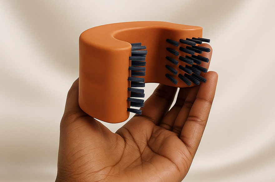 A hand holding a hairbrush.
