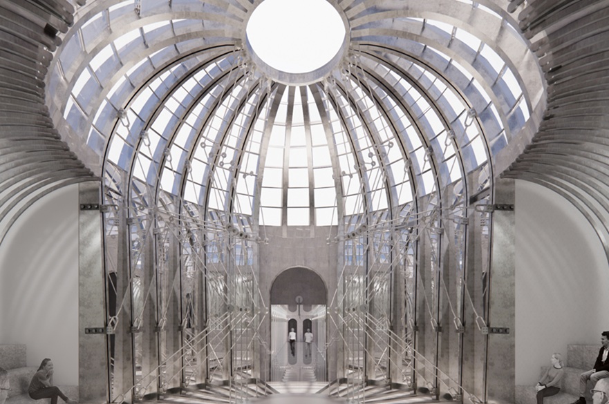 An architect's visualisation of the interior of a building. A big light structure is in the centre of the space.