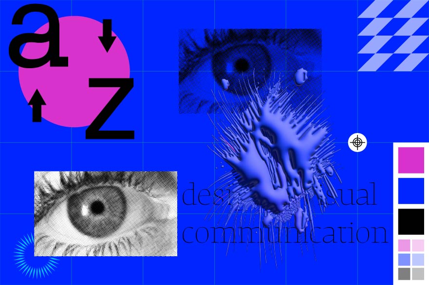 A bold graphic course cover featuring a bright blue background with halftone eye illustrations, abstract 3D splash effects, geometric shapes, a pink circle, and large black letterforms. Designed by the tutor for the NTU Graphic Design for Beginners course.