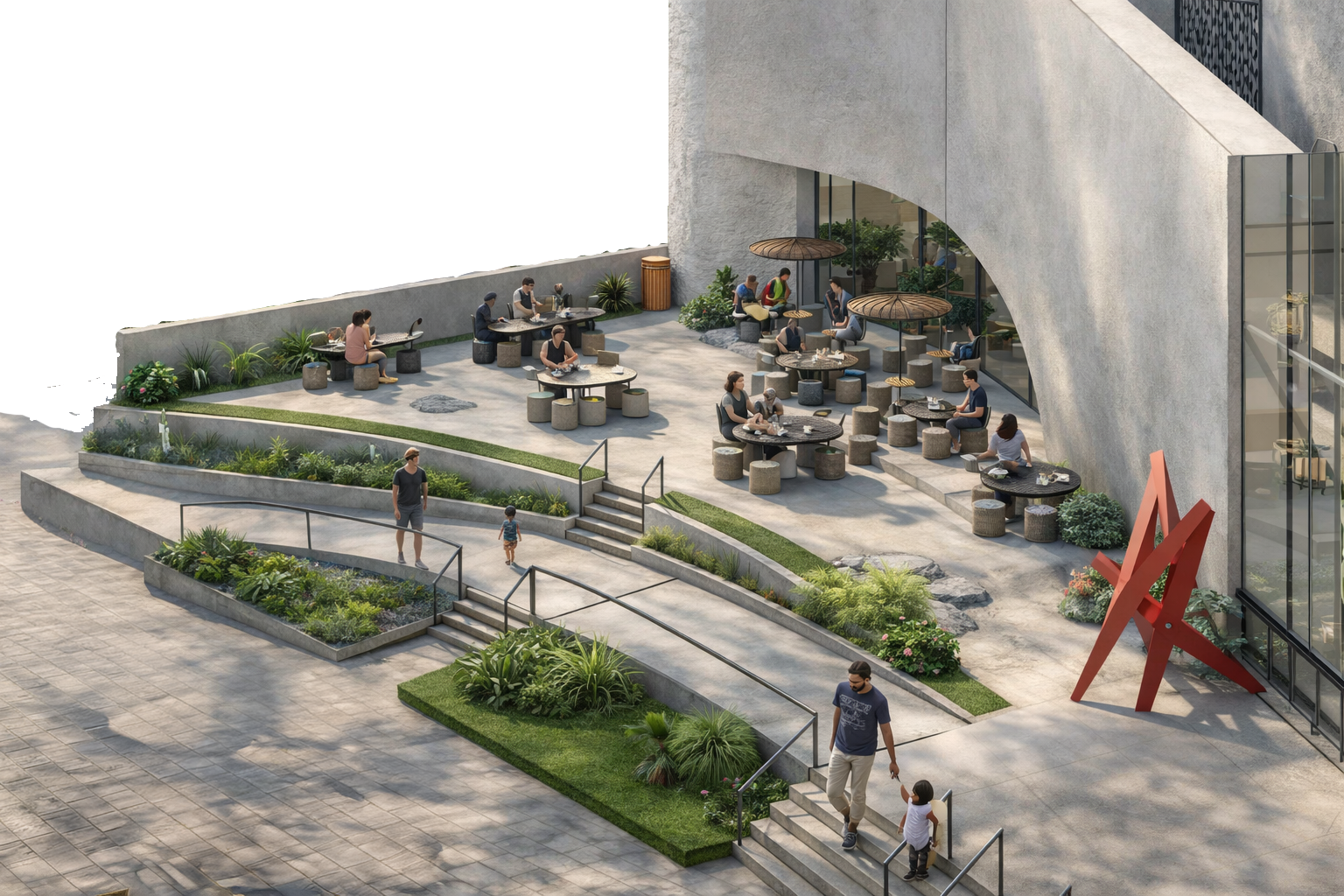 An architect's render of a waterside gallery building.
