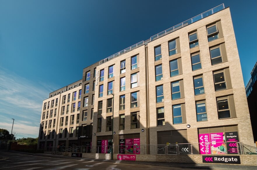Outside the front of Redgate - a five-storey purpose built student accommodation block.