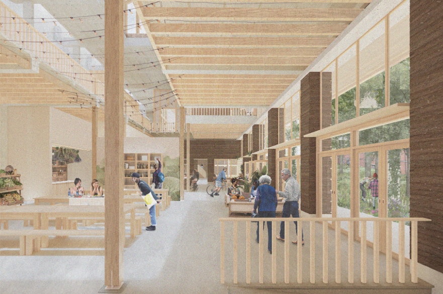 An architecture student's drawing showing a communal area in a building.