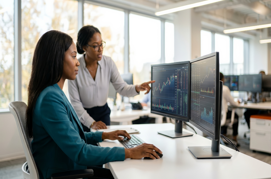 Image of two women looking at data on a screen
