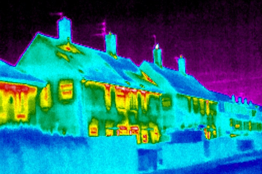 Row of buildings in infrared light