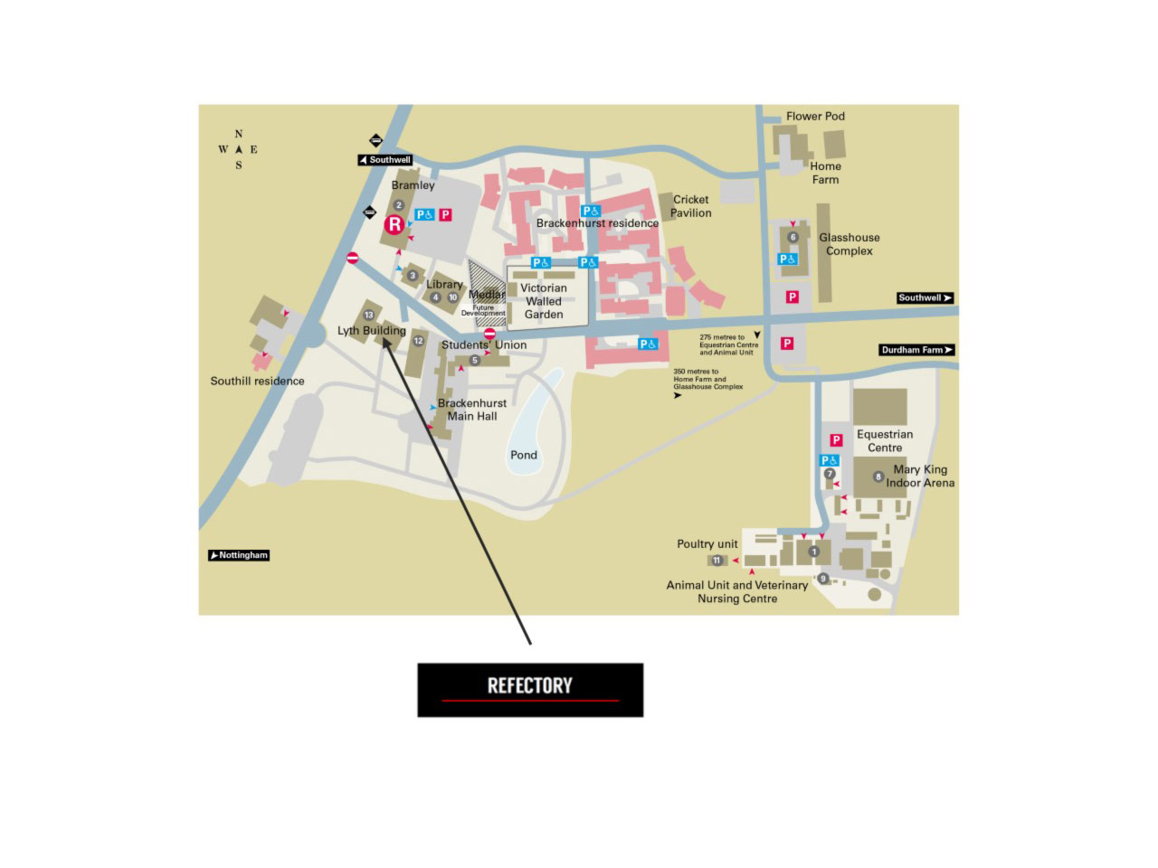 A map showing the location of food outlets on Brackenhurst campus
