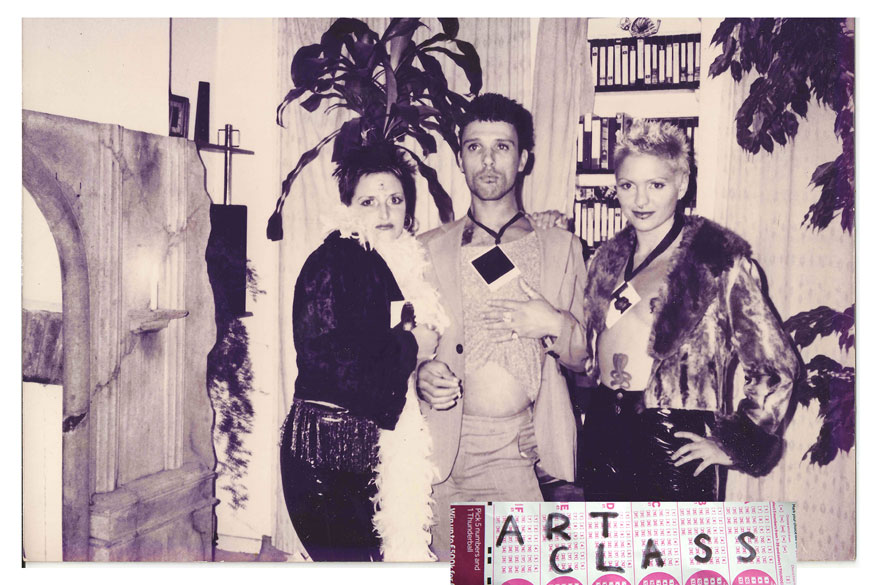 A black and white photo of three people with the words 'Art Class' pasted in front of them.