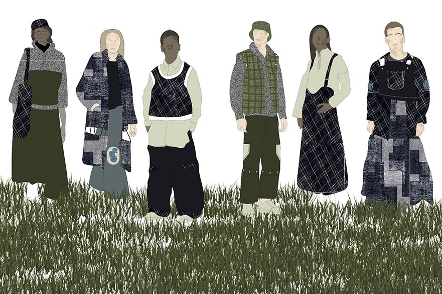 Illustration of six people standing on the grass wearing a fashion collection