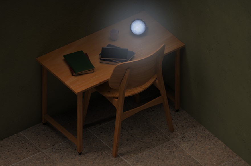 A lamp on a desk casting a dim light in the room.