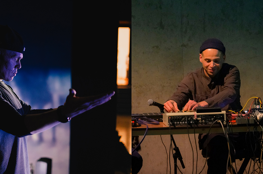 A dyad of two photos - to the left rapper Cappo performing on stage and to the right sound artist Tom Harris behind a desk using a mixer.