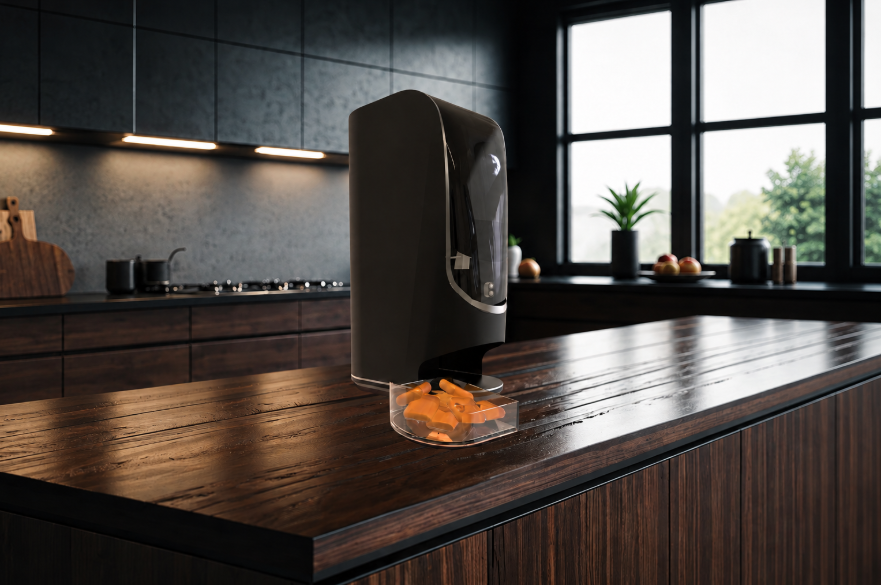 A rendering of a student's food-portioning device on a kitchen counter. The device looks a bit like a smoothie maker.