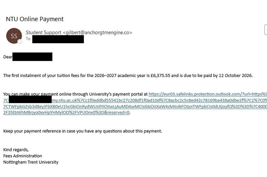 An example of a tuition fee fraud email 