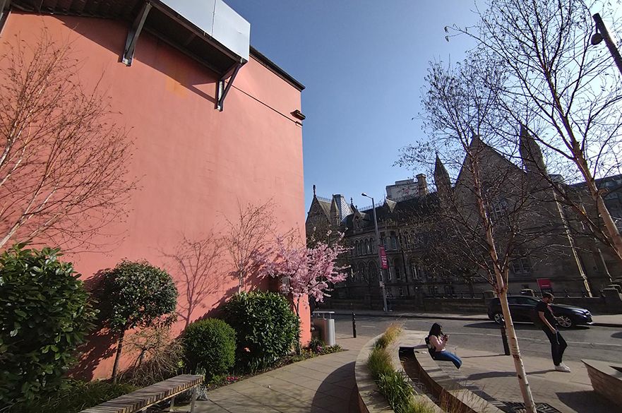 The side of a building and a garden.
