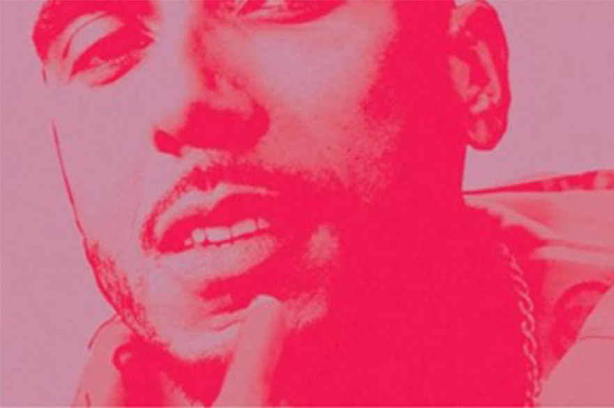 A close-up pink-coloured image of a man's face