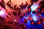 An aerial view of people standing around at an event