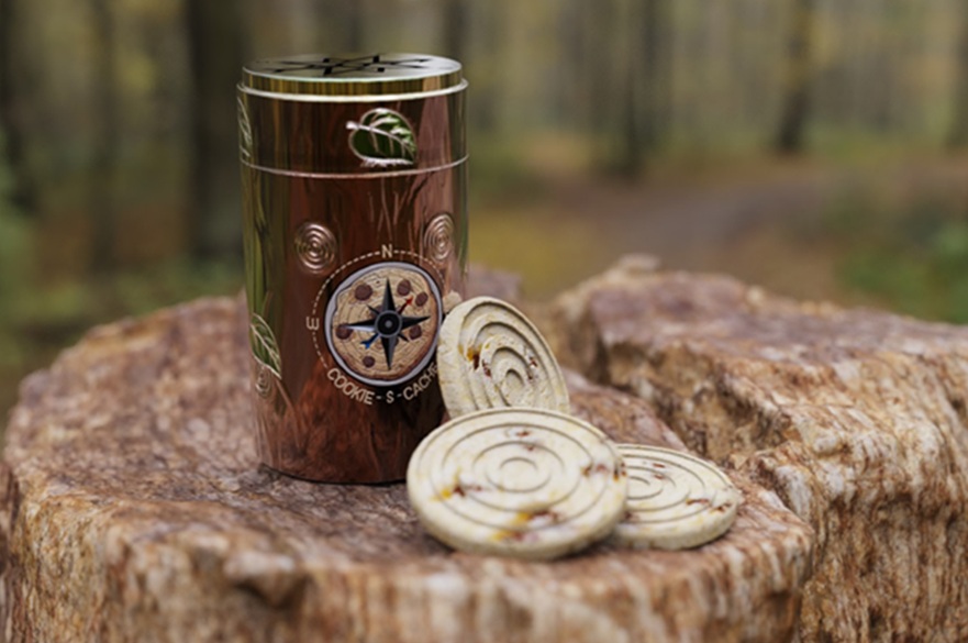 A biscuit tin placed on top of a tree stump in the woods.