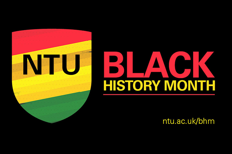 NTU shield in yellow, red and green with the words Black History Month next to it