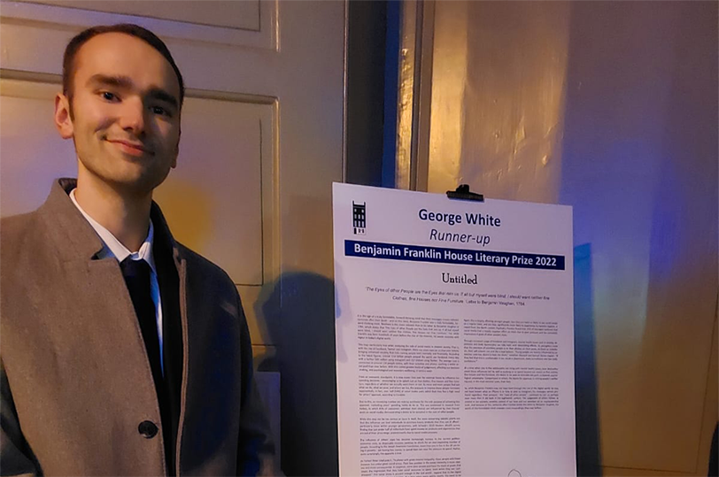 NTU arts & humanities graduate George White at Benjamin Franklin House Literary Prize award ceremony 