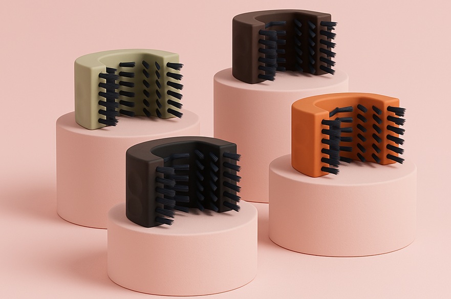Four hair brushes in different colours sat on plinths against a pink background.