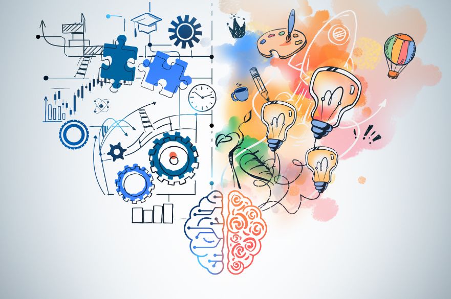 Brain sketch with two different sides of thinking science and art