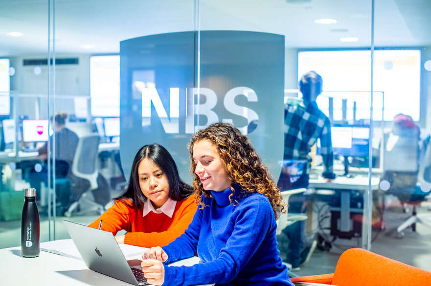 Students working on a computer in front of a window with the NBS logo on
