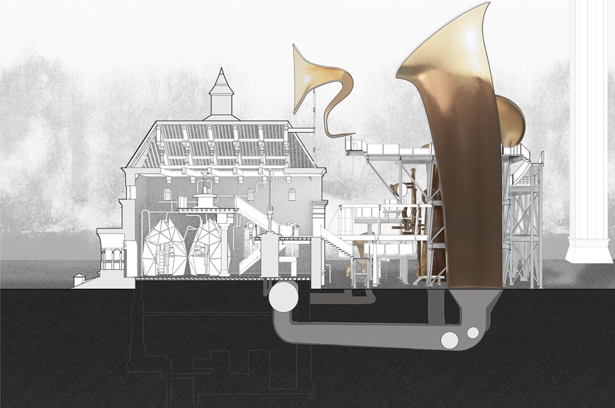 An architect's vision of a building with saxaphone or trumpet inspired features.