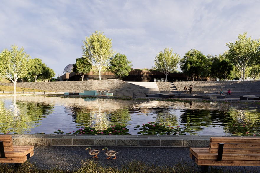An architect's render of a building viewed from across the river.